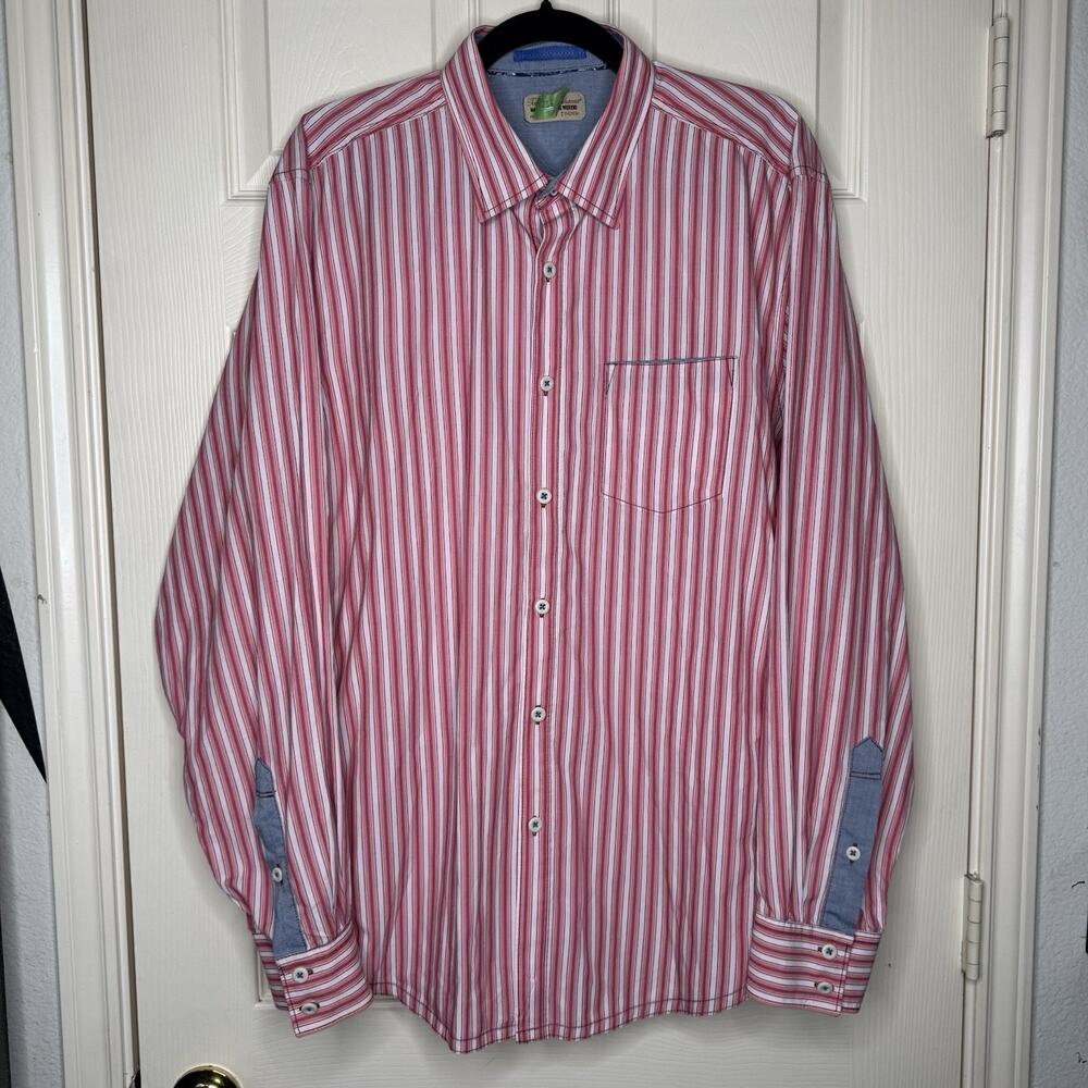 Tommy Bahama Mens Shirt XL/TG Pink Stripe Blue Floral Flip Cuff ButtonUp Cotton